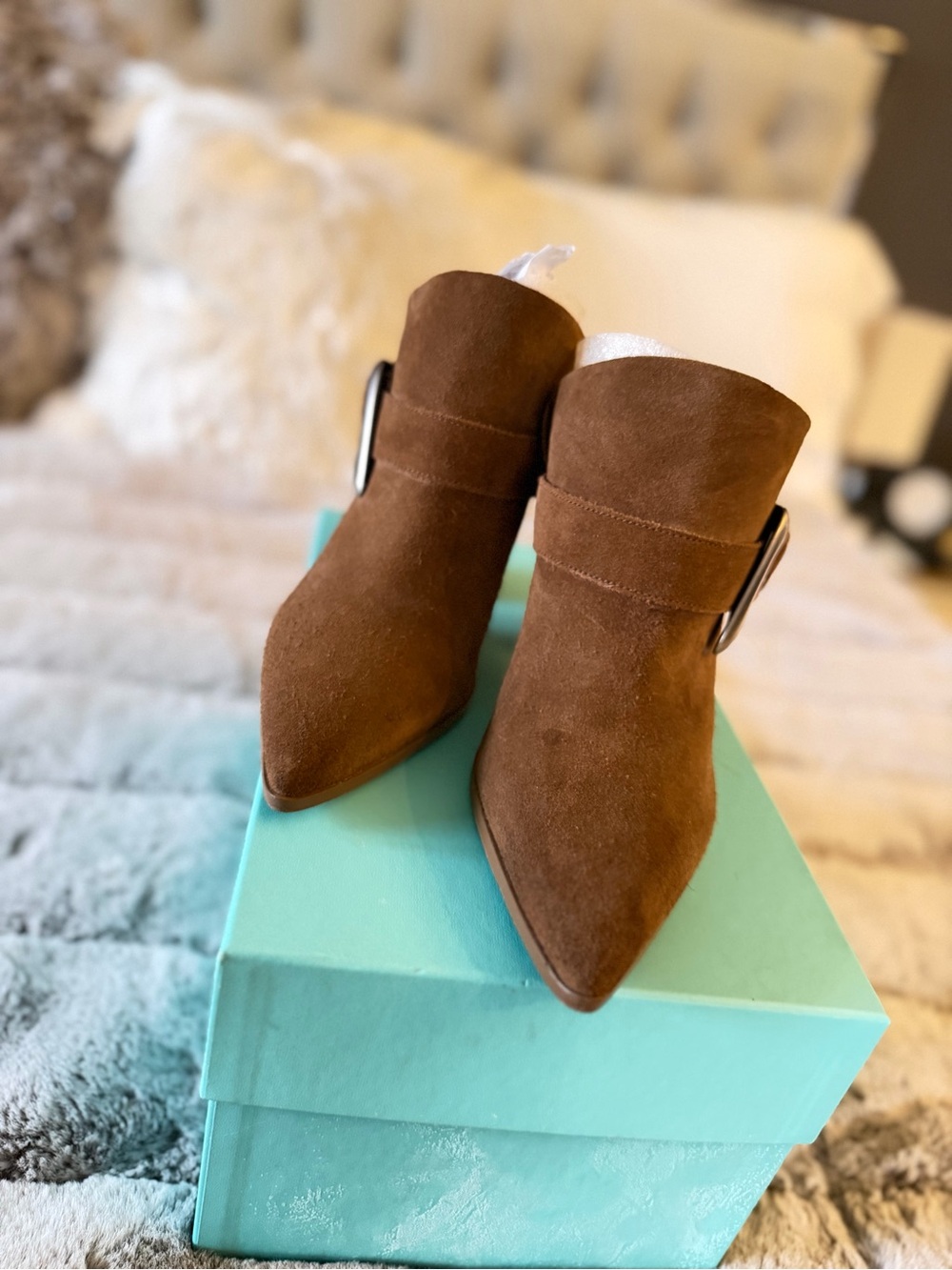 Vince Camuto Brown Suede Pointed Mules with Buckle